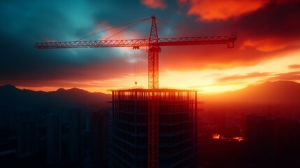 Naklejka premium A construction crane silhouetted by a breathtaking sunset, with vibrant colors painting the sky over an urban cityscape.