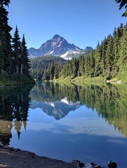 A serene mountain lake reflecting a snow-capped peak, surrounded by lush green trees under a clear blue sky.