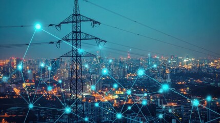 Illuminated Power Grid and Cityscape at Night with Connectivity Concept