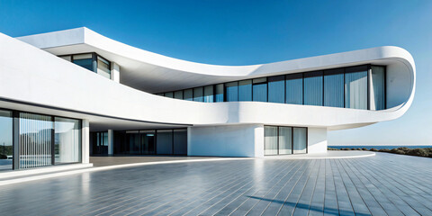 Obraz premium 04. Modern white house with curved structure and large swimming pool in front, modern, house, curved, white, structure