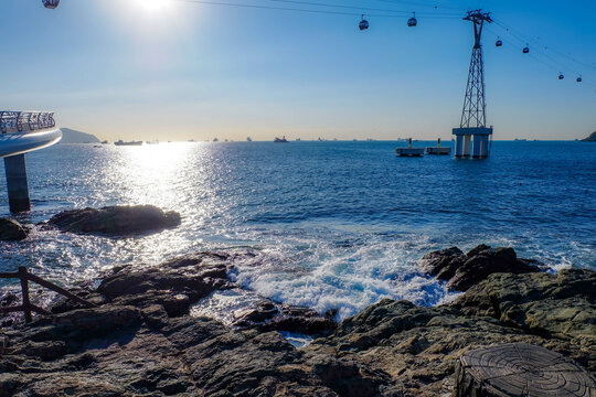 Beautiful landscape of cable car transportation system for tourist traveling at songdo beach, this place is one of the famous tourist destination in Busan, South Korea