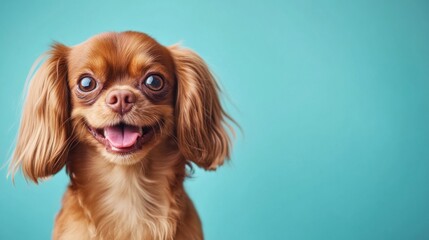 Naklejka premium A cheerful dog with long ears and a big smile against a bright blue background.
