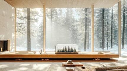 A luxury mountain lodge, with the forest-filled glass box placed on a wide wooden mantelpiece, framed by white walls and large panoramic windows