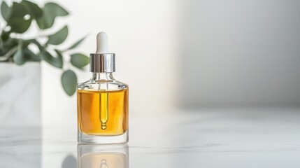 Naklejka premium Illuminating Yellow Serum in Elegant Glass Bottle with Dropper Lid on White Reflective Surface for Luxury Cosmetic Concept