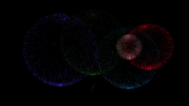 A colourful fireworks animation on black background. Ideal for national day celebrations, dynamic visual fo New Year's Eve, Chinese New Year, Diwali, and more.  