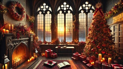 Obraz premium Gothic Christmas Interior with Fireplace and Sunset Glow
