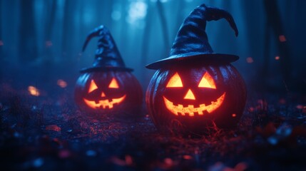 Fototapeta premium Glowing Jack-o'-Lanterns with Witch Hats in a Spooky Halloween Forest