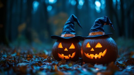 Naklejka premium Glowing Jack-o'-Lanterns with Witch Hats in a Spooky Halloween Forest