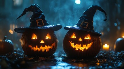 Fototapeta premium Glowing Jack-o'-Lanterns with Witch Hats in a Spooky Halloween Forest