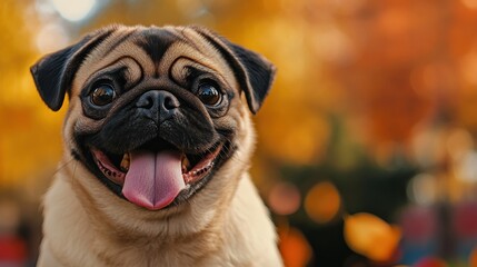 A cheerful pug dog with a big smile against a backdrop of autumn foliage.