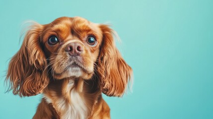 A close-up of a cute dog with expressive eyes against a light blue background.