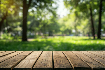 Fototapeta premium Empty wooden table top with a blurred green park background for product display montage, a summer concept. 