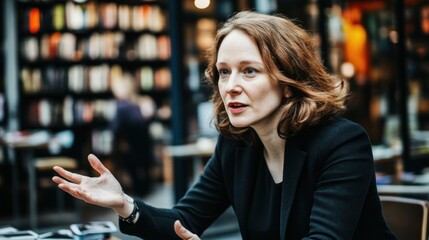 A woman with wavy hair gestures expressively while discussing ideas at a cafГ© filled with books. The atmosphere is vibrant and intellectually stimulating, creating a warm environment