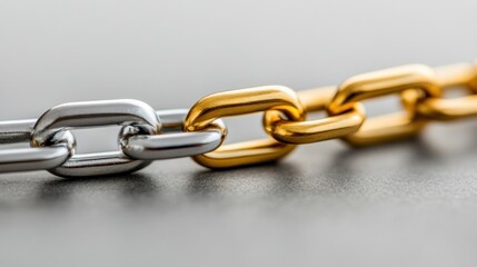Obraz premium A silver chain interlaces with a gold chain on a sleek surface, emphasizing the contrast between the two metals. The link design showcases craftsmanship and material differences beautifully