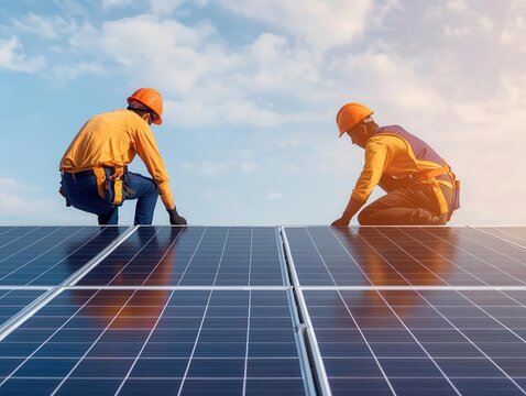 Workers installing solar panels on the roof of a corporate building, solar power installation, green business solutions