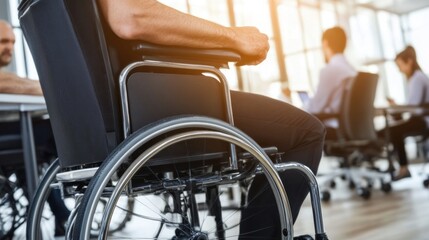 Fototapeta premium A person using a wheelchair actively participates in a corporate meeting, surrounded by colleagues in a bright, contemporary office setting, showcasing inclusivity and teamwork