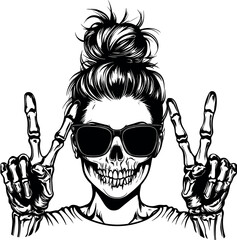 Women with Messy Bun Messy Bun Bandana Clipart mom life Woman’s face. Illustration of a female mom skeleton head. Skull Daughter Head design on a white background.