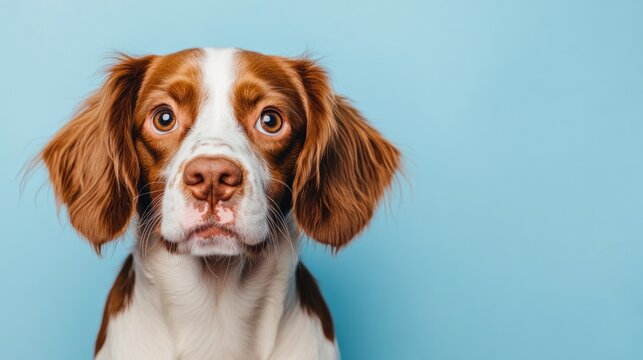 A close-up of a brown and white dog with expressive eyes against a blue background.