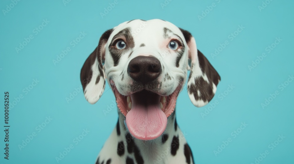 Wall mural a happy dalmatian dog with blue background, showcasing its playful and friendly nature.