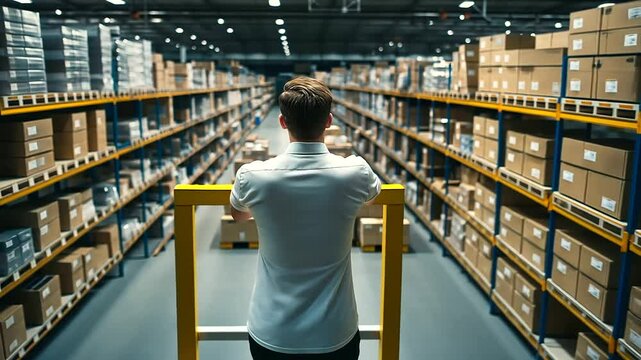 A warehouse supervisor overseeing operations on a mezzanine level, looking out over the bustling activities below, emphasizing management and coordination