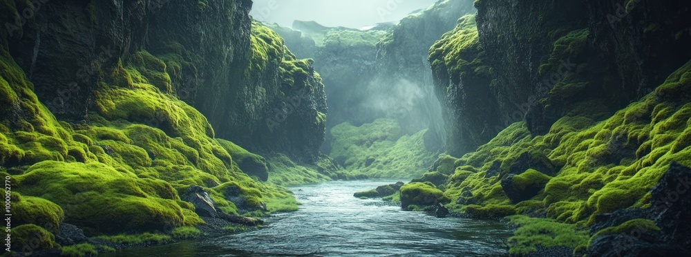 Sticker a serene, moss-covered canyon with a flowing river and misty atmosphere.