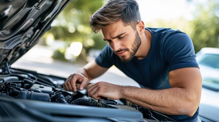 A young man is working under the hood of a car in a driveway during the day, concentrating on diagnosing an issue with the engine while enjoying the sunny weather