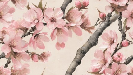 Pink Cherry Blossom Branches Seamless Pattern &ndash; Artistic Floral Texture for Decorative and Graphic Design Projects
