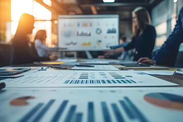 image captures team of professionals engaged in collaborative meeting, analyzing various charts and graphs displayed on screen. atmosphere is focused and productive, highlighting teamwork and data
