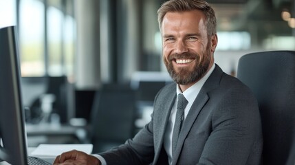 A professional man with a beard sits at his desk, smiling confidently while looking at his computer in a bright, contemporary office setting filled with natural light