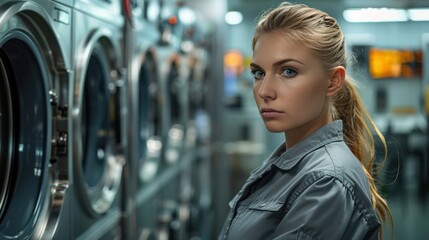 Young woman doing laundry at a laundromat at night