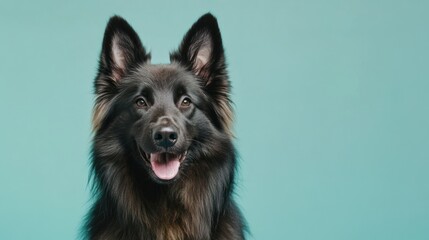 A close-up portrait of a happy black dog with a bright smile against a teal background.