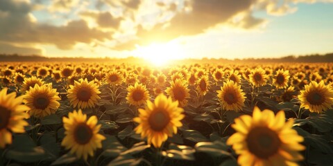Fototapeta premium Golden Sunset Over Blooming Sunflower Field