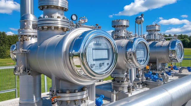 Several advanced gas measurement devices are prominently displayed at a natural gas processing facility, surrounded by vibrant green fields and a clear blue sky