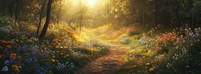 Obraz premium A serene forest path illuminated by sunlight, surrounded by vibrant wildflowers.