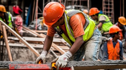 Workers wearing safety helmets and vests are mixing and pouring concrete at a construction site, demonstrating teamwork and focus under the bright daylight