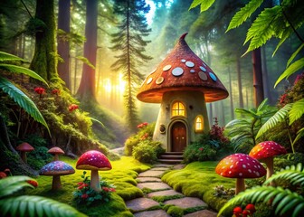 Fototapeta premium Enchanted Mushroom Fairy House Surrounded by Lush Greenery in a Magical Forest Setting
