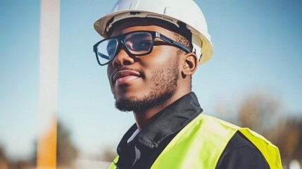 A construction worker in a bright safety vest and hard hat stands proudly at a bustling worksite. The sun shines, highlighting his dedication to safety and professionalism amidst the project