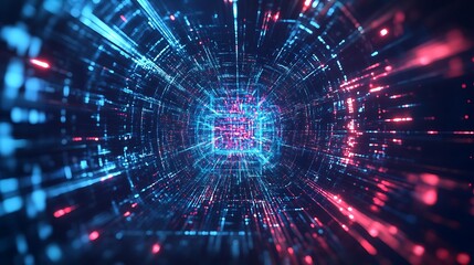Fototapeta premium Abstract digital tunnel with glowing lights in blue and red.