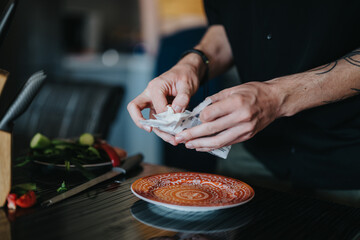 A person prepares a delicious meal in a cozy kitchen, using fresh ingredients and an artistic plate. The close-up captures the essence of home cooking and culinary creativity.