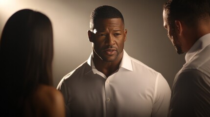 Amidst a soft glow, a man in a white shirt speaks intently to two others, highlighting an important discussion in an intimate indoor environment