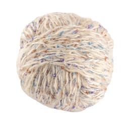 white knitting yarn ball of wool with blue and red details, thread string clew isolated on a...