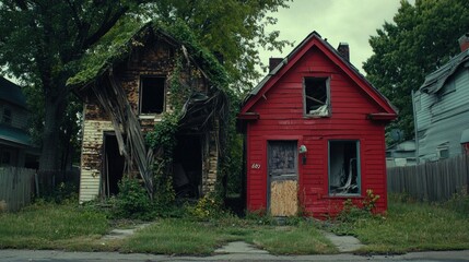 Run-down suburban homes, symbolizing the deterioration of affordable housing options in outlying areas