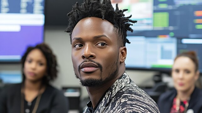 In a contemporary office setting, a man with distinctive hair attentively listens to colleagues in a meeting, surrounded by digital screens displaying various data and information