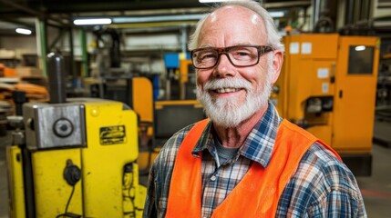 An elderly man with a beard stands confidently in a factory, dressed in an orange safety vest and glasses, surrounded by machinery, conveying years of experience and dedication