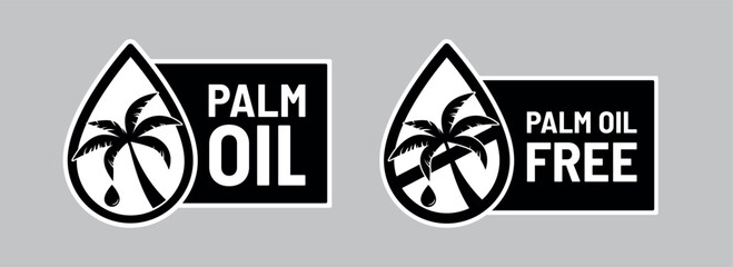 Palm oil and Palm oil Free labels concept. Silhouette of a tropical palm leaf and drop of oil it produces. Vector signs for packaging design.