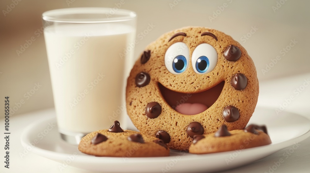 Sticker A cheerful cookie character next to a glass of milk, suggesting a fun snack time.