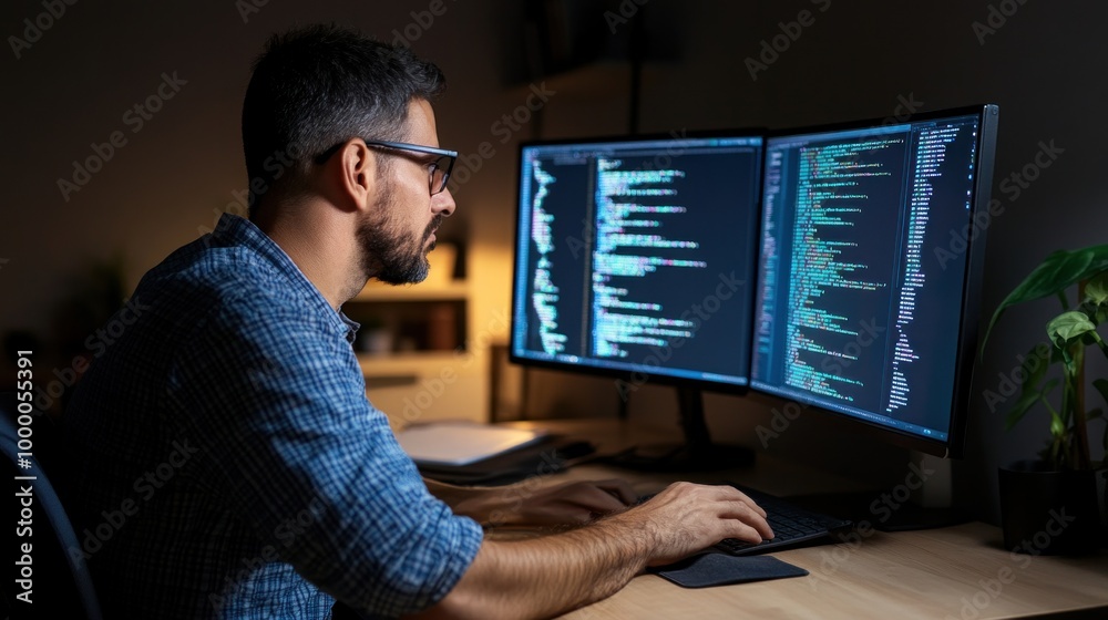 Poster a man in glasses is focused on coding, sitting at a desk with dual monitors filled with programming 
