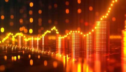 Naklejka premium Golden Coins Charting Upward Trend with Glowing Lights