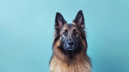 A close-up portrait of a dog against a blue background, showcasing its expressive features.