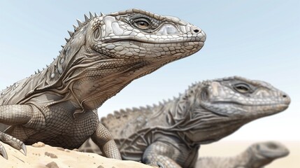Obraz premium Two iguanas rest on sunlit sand in a serene desert environment. They enjoy the warmth of the sun, showcasing their intricate scales and colors against the bright backdrop